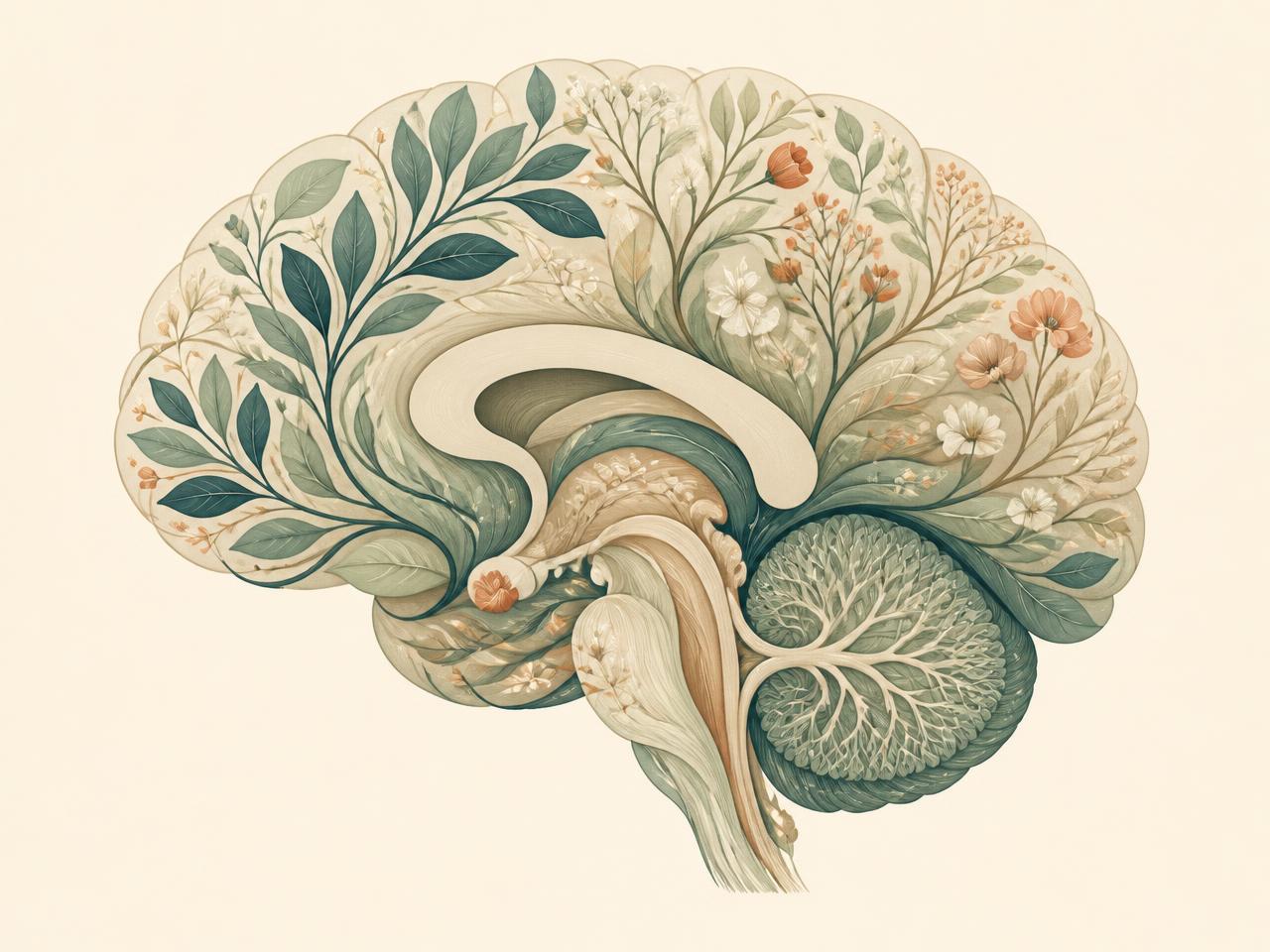 Illustration of a side-view brain formed from leaves and small blooms